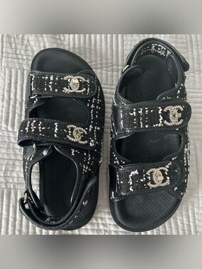 CHANEL Black & White Tweed Dad Sandals with Silver CC Hardware
